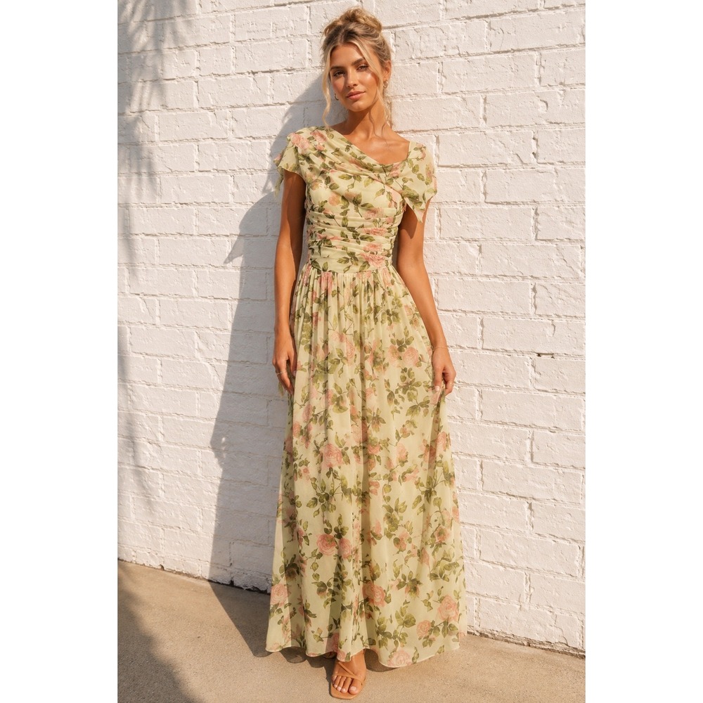JardinVue Green Floral Chiffon Maxi Dress Rose Print Romantic Gown Size NWT M